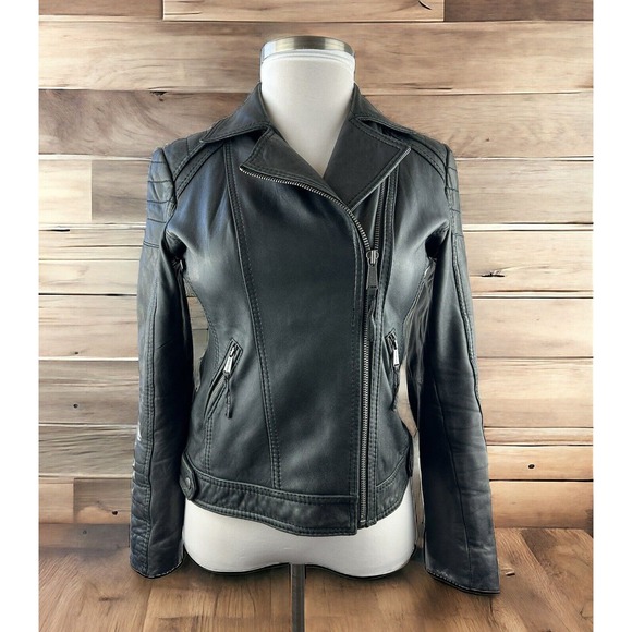 Michael Michael Kors Motorcycle Leather Jacket Distress Black Zip Moto Womens M - Picture 16 of 16